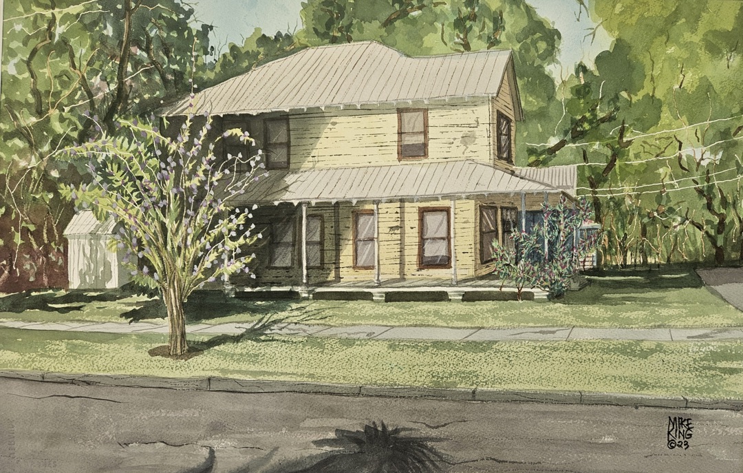 A painting of an older house with veranda and a crepe myrtle in front