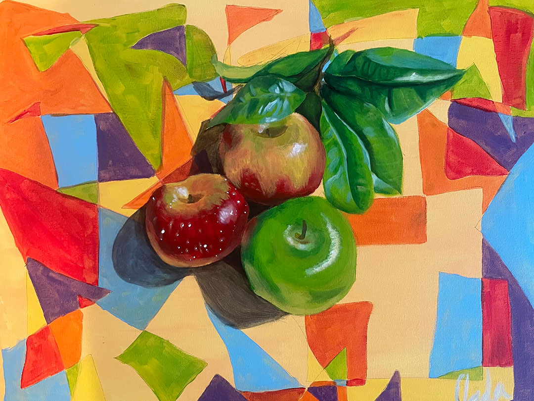 Three apples and green leaves on an abstract, colorful geometric background.