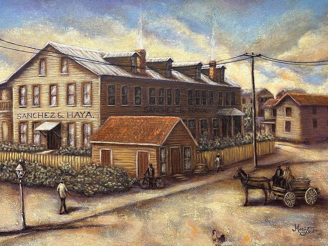 Painting of a historical town street with a building marked "Sanchez & Haya," featuring pedestrians, a bicycle, horse-drawn cart, and rustic architecture.