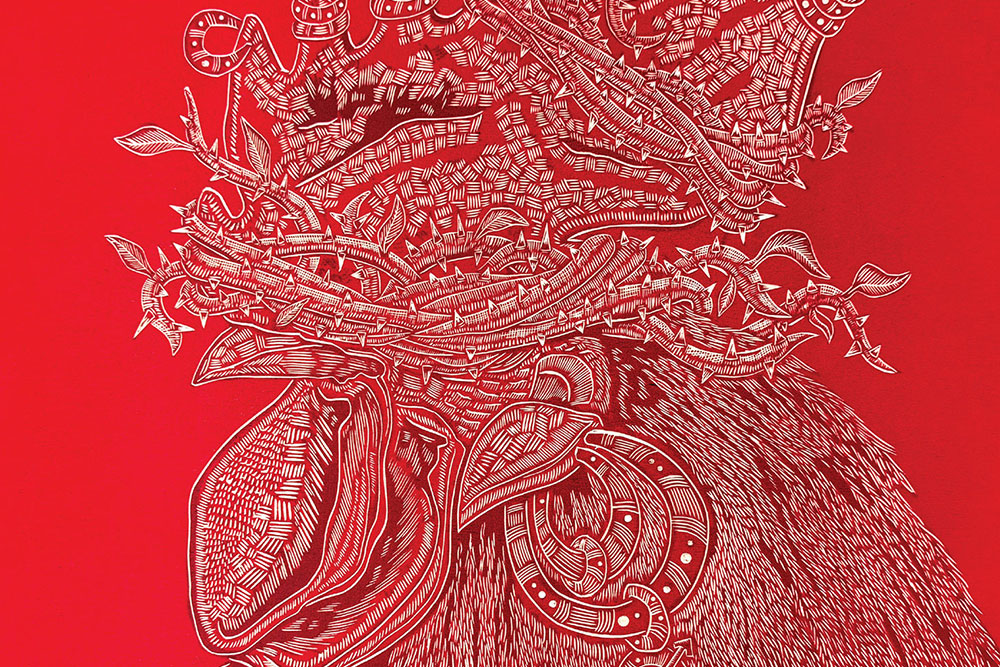 Illustration of a rooster with intricate line patterns on a red background.