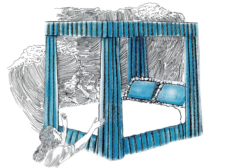Illustration of a four-poster bed with blue curtains and a person reaching towards it. Swirling line art background.