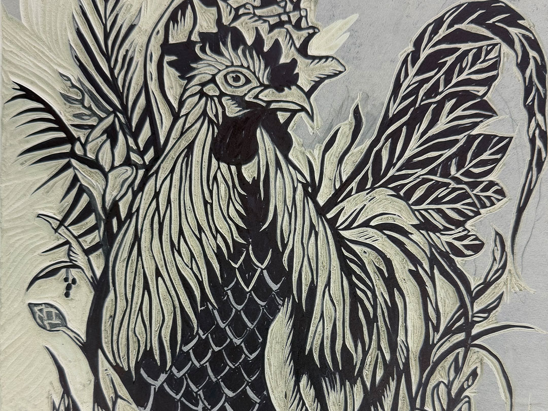 Black and white illustration of a rooster with detailed feathers surrounded by foliage.