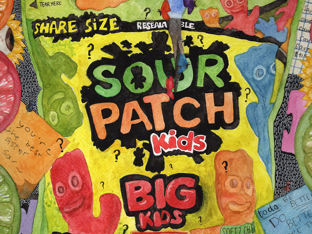 Colorful Sour Patch Kids candy bag with artistic surrounding doodles.
