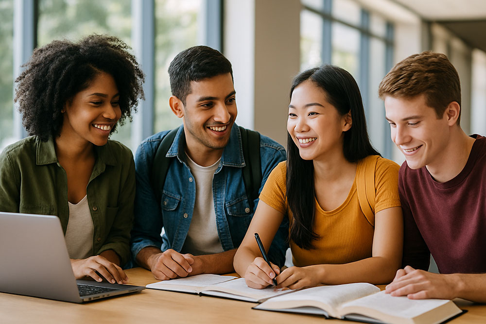 Four young adults studying together at a table with books and a laptop.