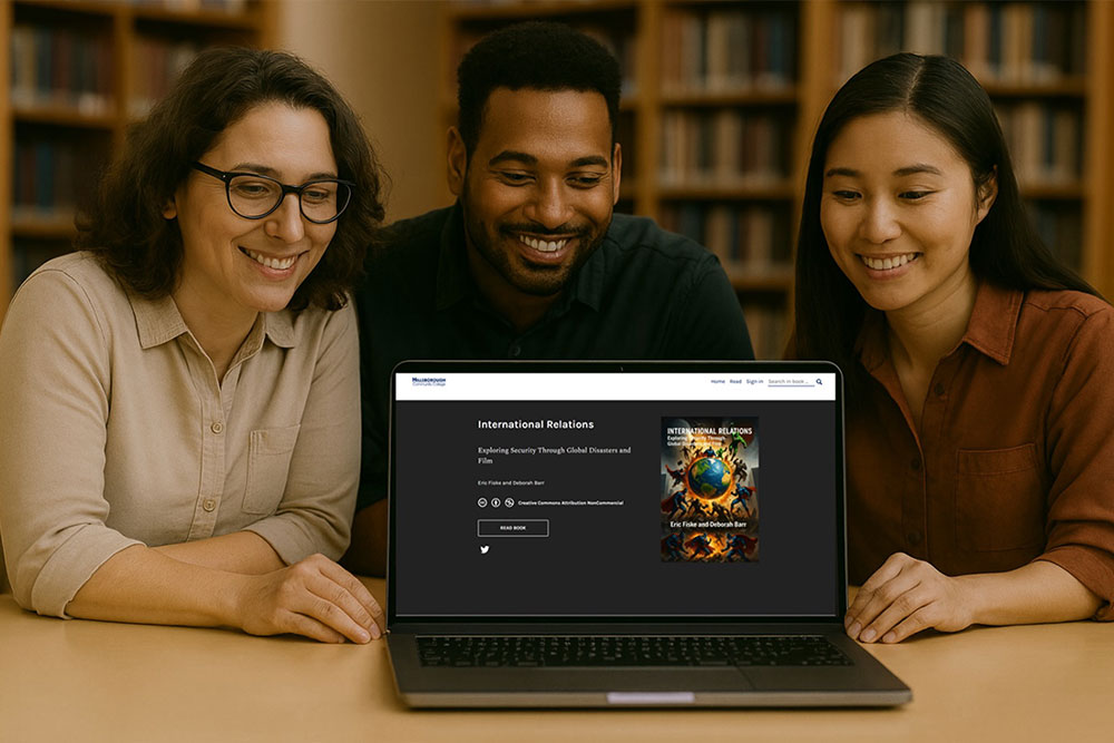 Three people sitting at a table viewing a laptop in a library. The laptop screen shows a web page for a book titled "International Relations."
