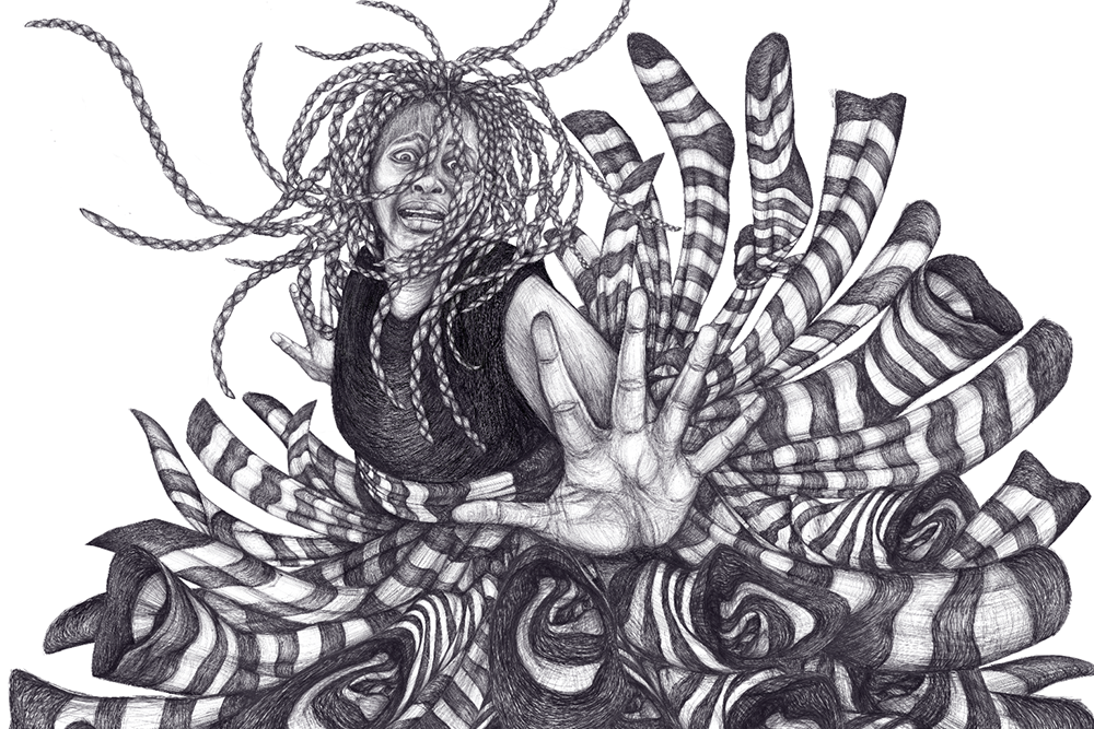 Illustration of a person with expressive face, extended hand, and swirling striped forms.