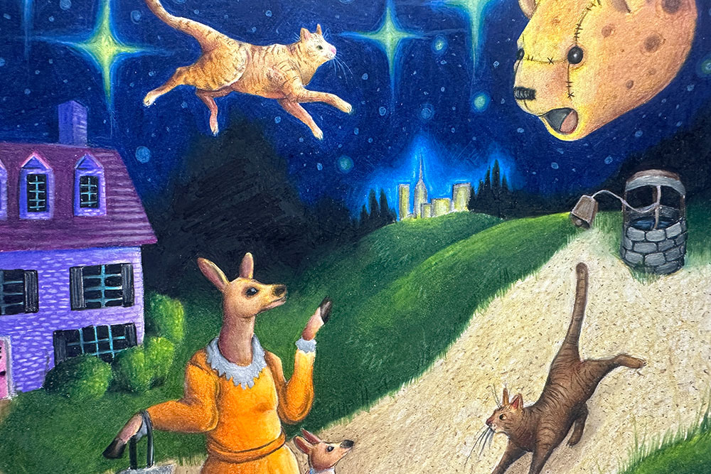 Surreal scene with a kangaroo in a dress, a cat, a floating teddy bear head, stars, and a city skyline.