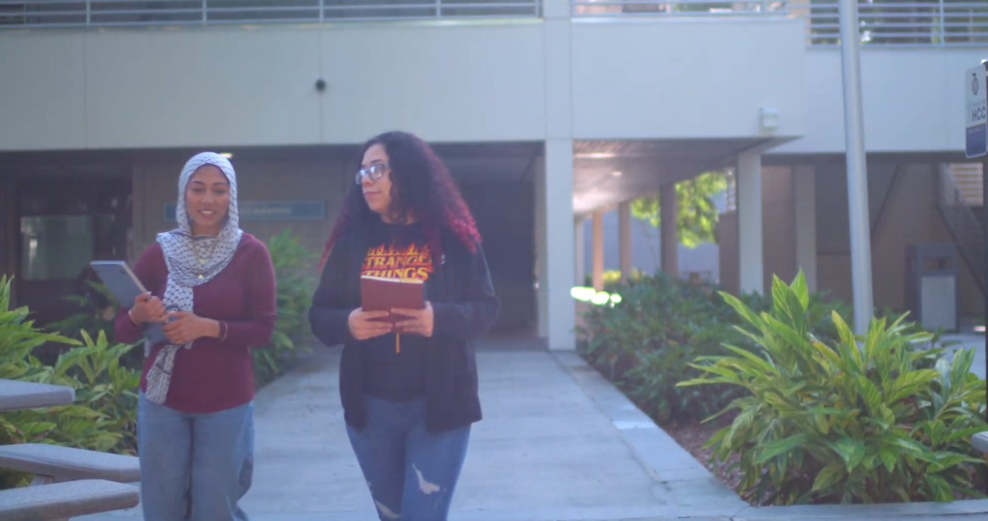 Two people walking and talking on a campus pathway.
