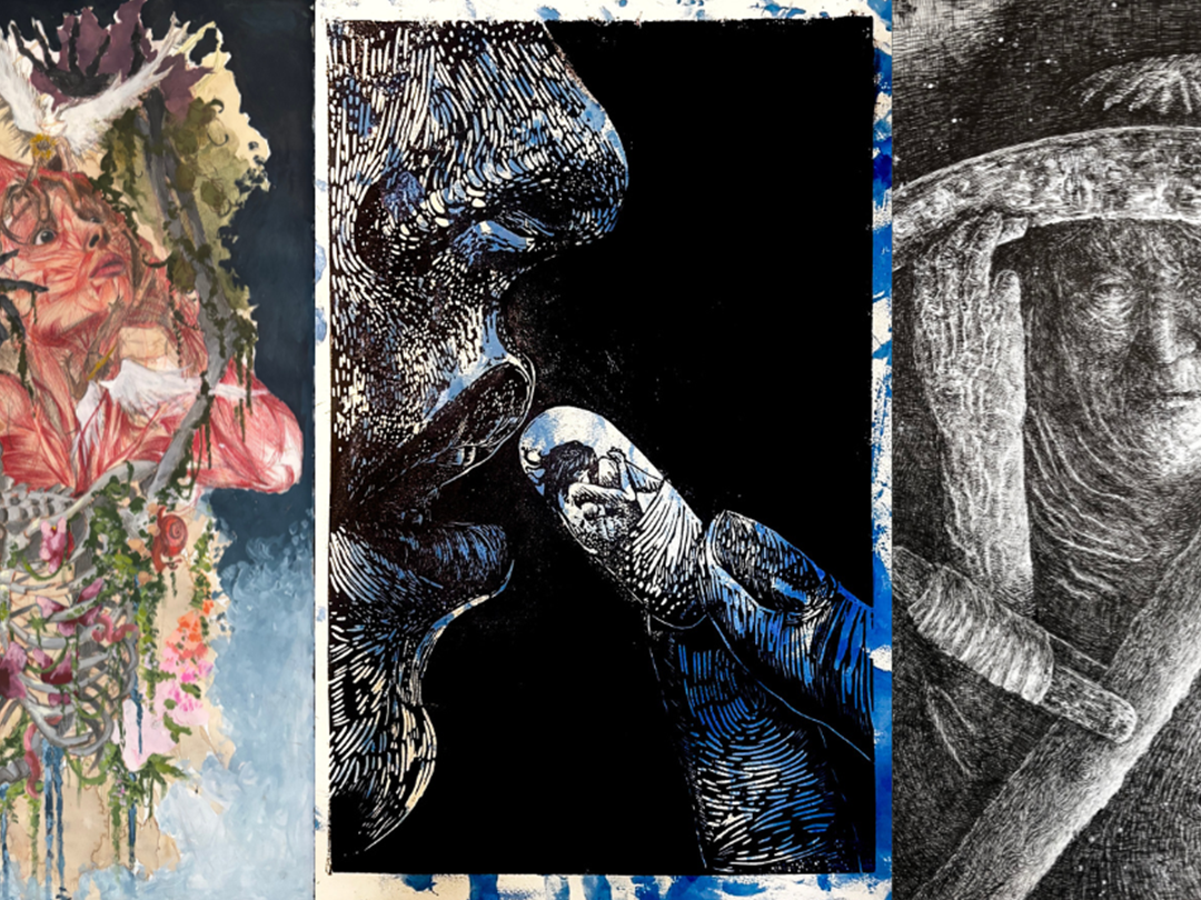 Three distinct artworks side by side: a colorful abstract with a human figure and flora, a detailed line drawing of a finger pressing lips, and a grayscale portrait of a person with a hat.