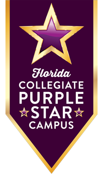 Graphic emblem shaped like a pointed banner featuring a large gold star, the text "Florida Collegiate Purple Star Campus," and small stars on either side.