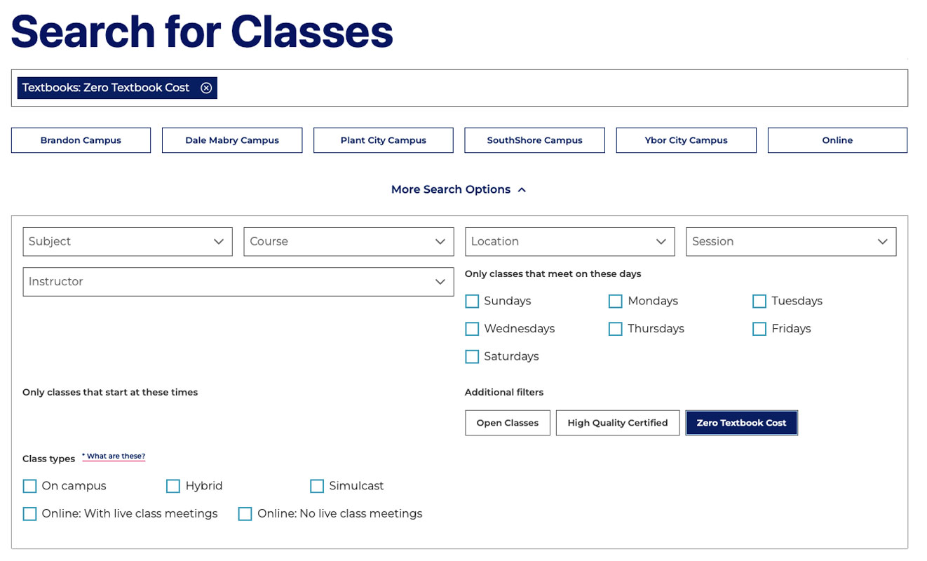 User interface for searching classes, featuring filters for subject, course, instructor, and class type, including a focus on zero textbook costs.