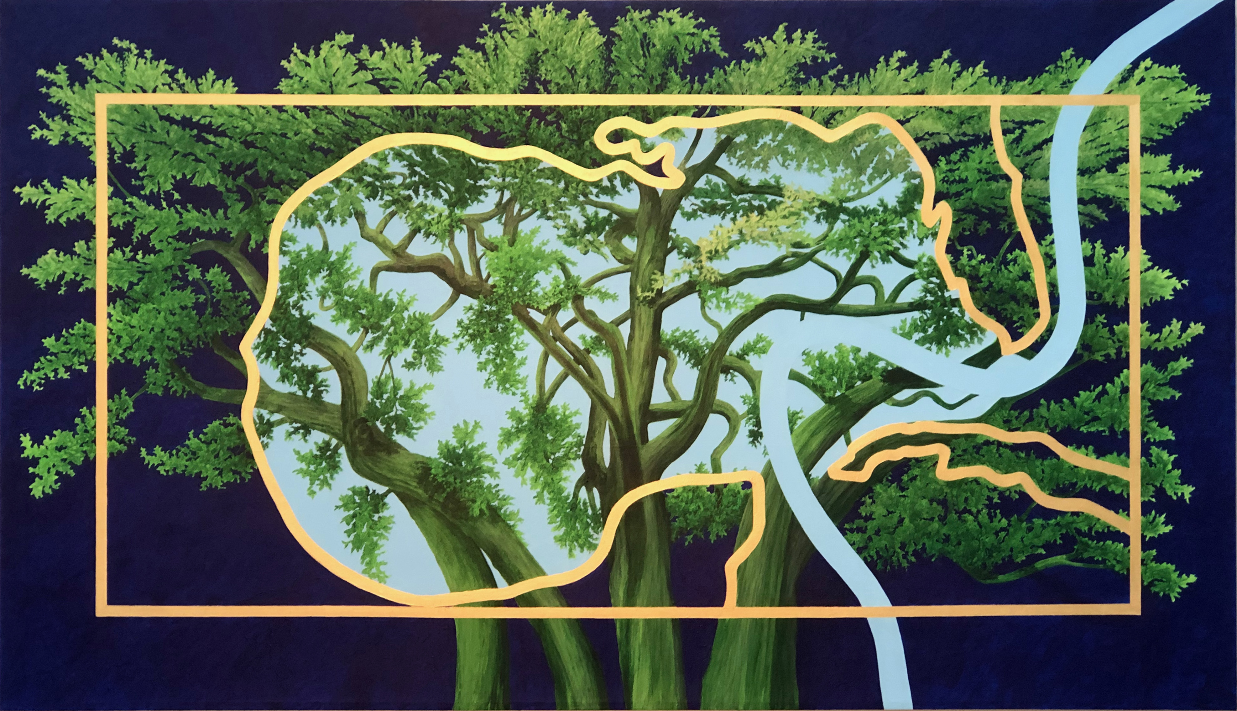 Artwork combining a live oak tree with abstract map outlines and flowing blue shapes.
