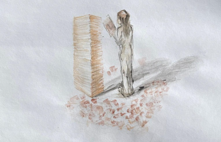 Sketch of a figure reading from a sheet of paper beside a tall stack of pages, surrounded by scattered papers on the floor.