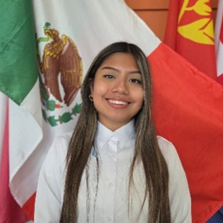 a professional shot of Dale Mabrey campus's Secretary standing in front of a national flag.