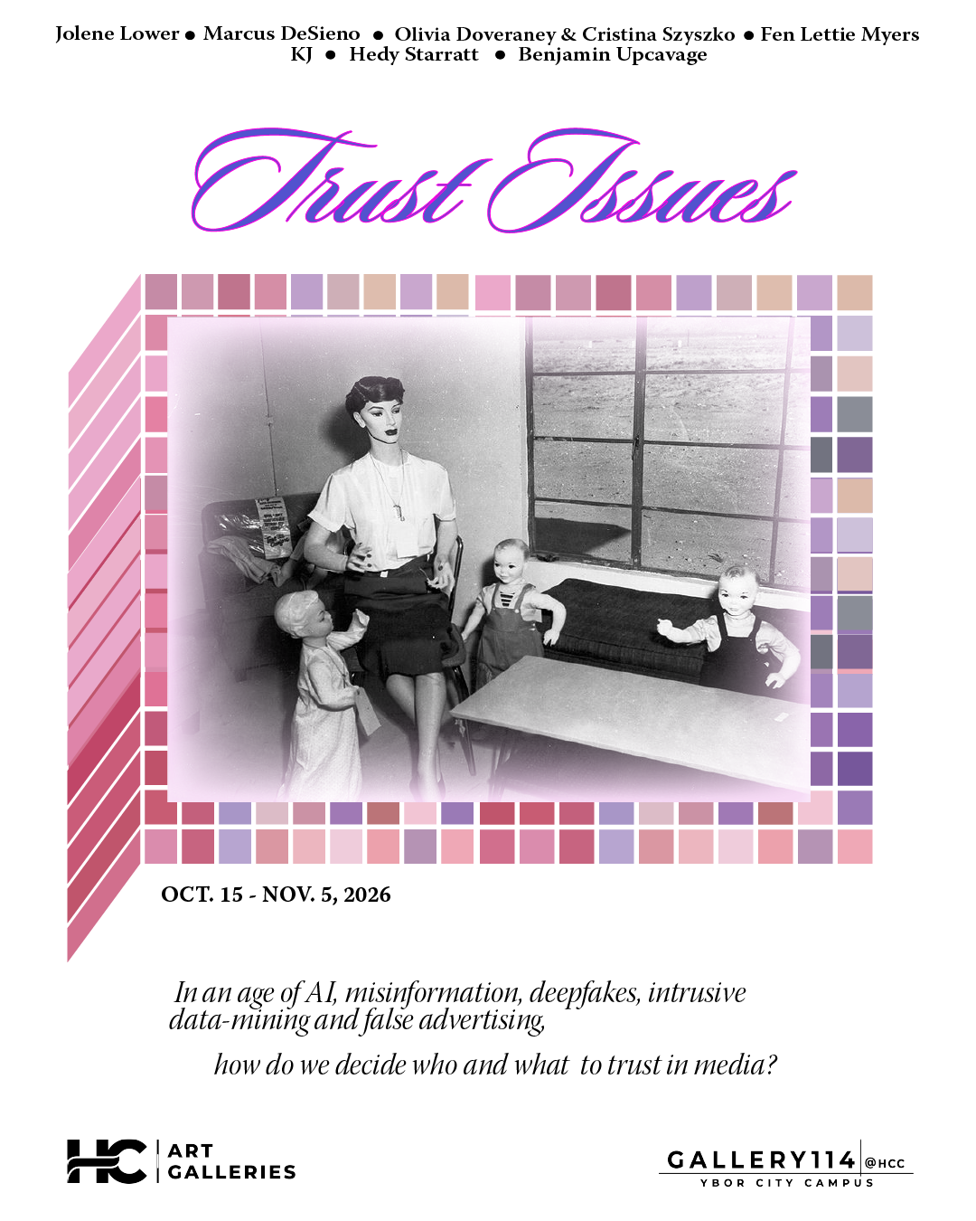 Promotional poster for the Trust Issues art exhibition featuring a vintage photograph framed by a pink and purple geometric border.