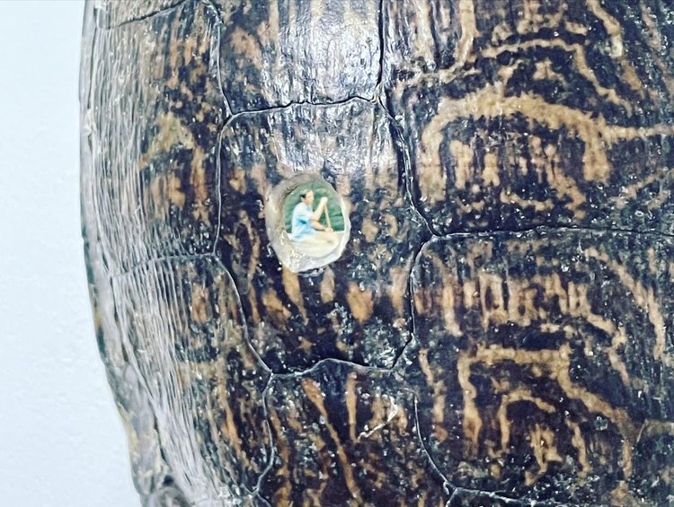 Person in canoe seen through hole in tortoise shell