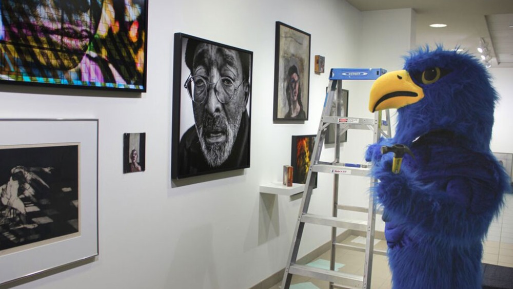 HCC Hawk mascot in an art gallery with various artworks on the wall and a step ladder nearby.
