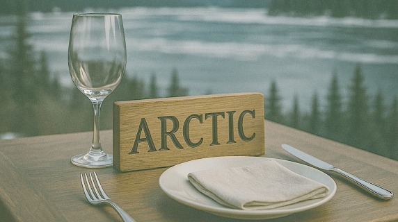 A place setting with a wooden sign with the word "ARCTIC" and a lake in the background