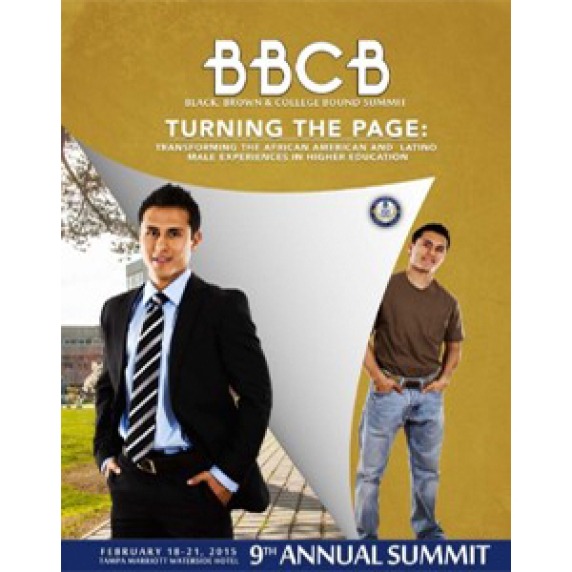 BBCB summit program cover – mustard color background with a graphic to look like a corner page flipped over, young latino male looking casual behind the page, same young man in a suit revealed in front of the page