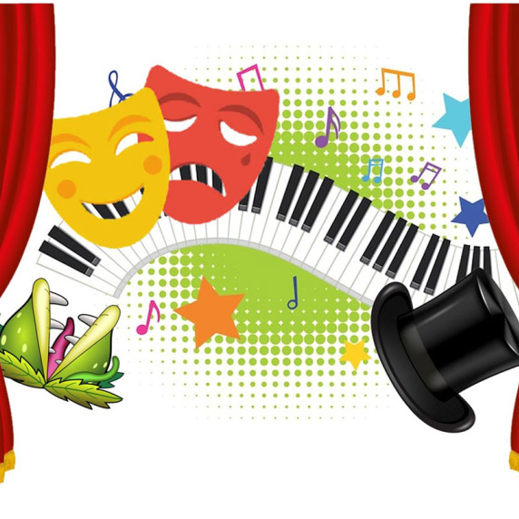 A colorful theatrical scene with red curtains, a piano keyboard, comedy and tragedy masks, stars, musical notes, a top hat, and a Venus flytrap.