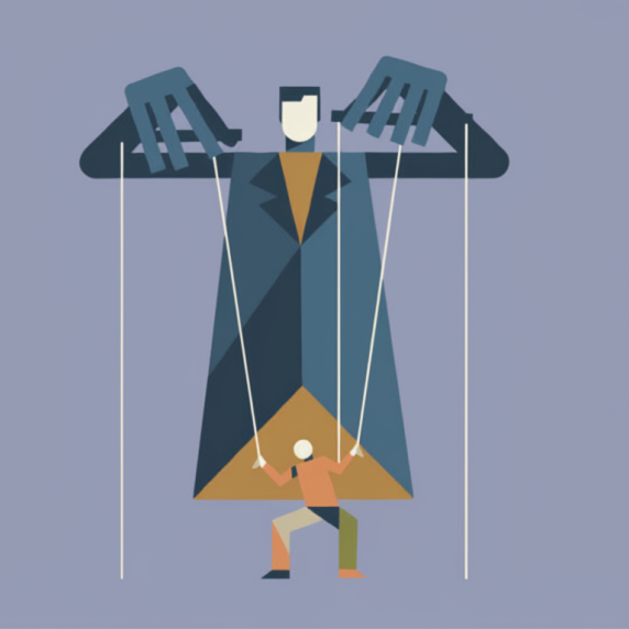 Illustration depicting a large puppeteer controlling a smaller figure with strings
