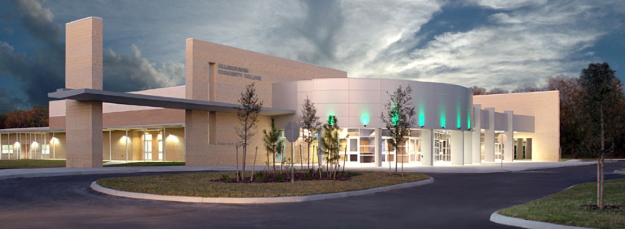 Dramatic evening view of Trinkle Center 