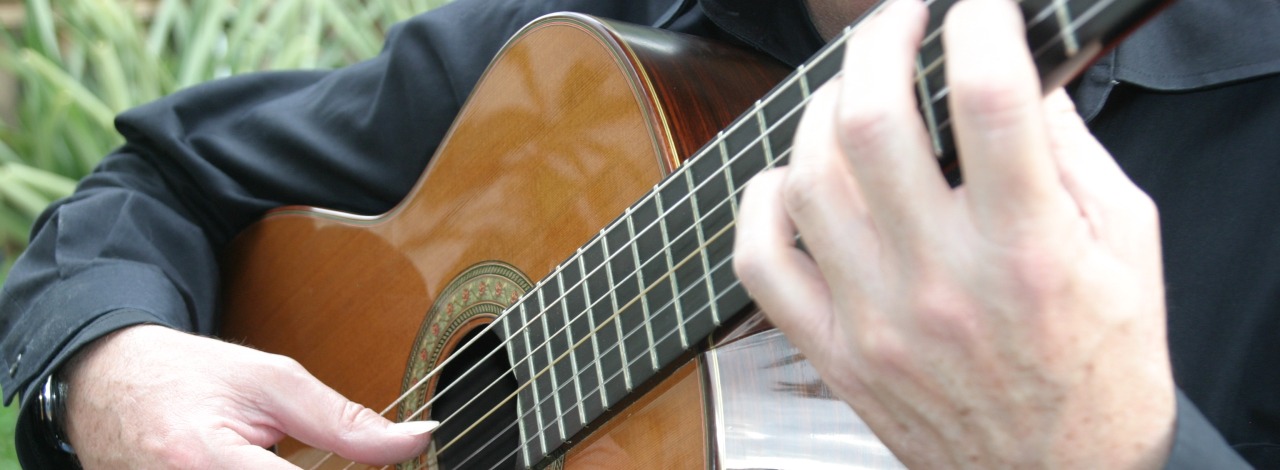 Close up photograph of Professor Mark Switzer playing guitar