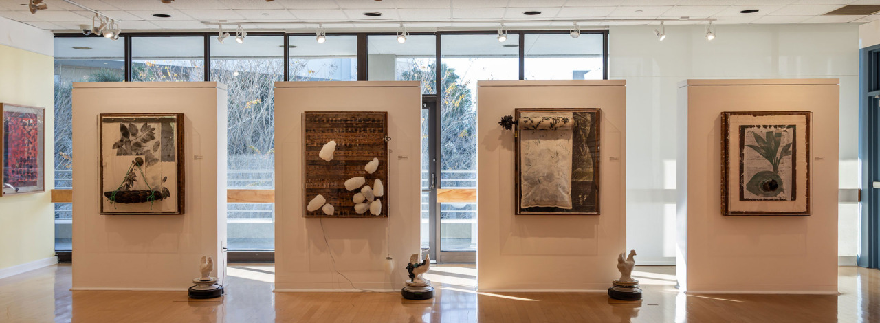 Gallery interior with five artworks on display and natural light coming through large windows.