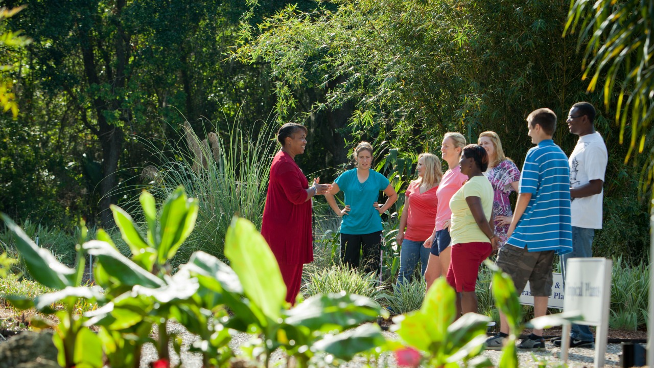 group of students standing outside and listening to an instructor speak