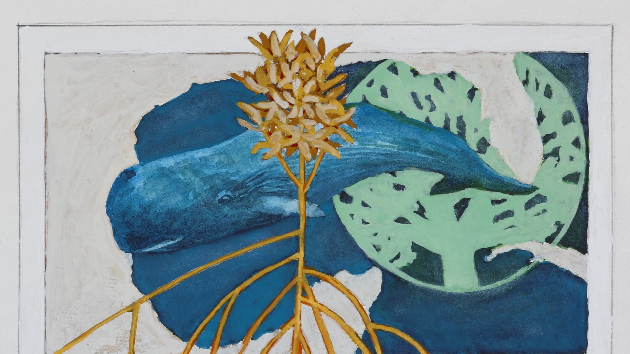 painting of trees superimposed on blue water and whale.