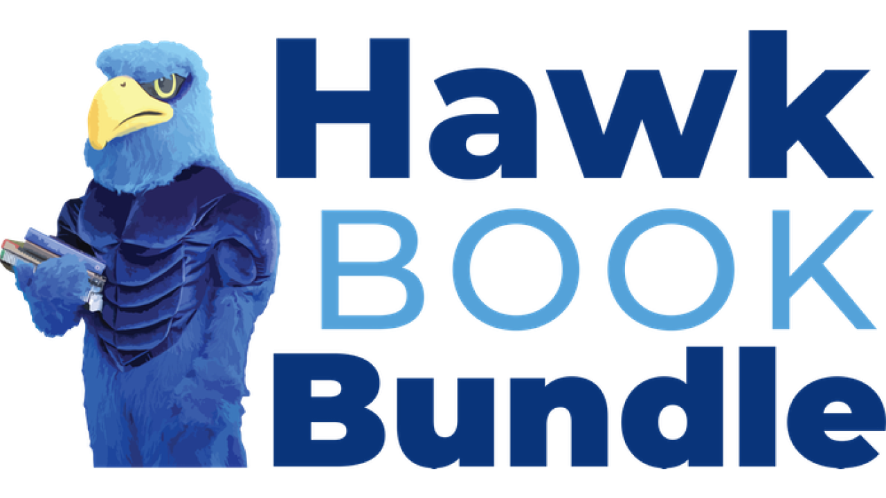 Hawk mascot holding books with "Hawk Book Bundle" text on right